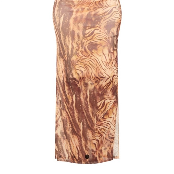 Brown Printed Mesh Ruched Maxi Dress - Picture 4 of 7
